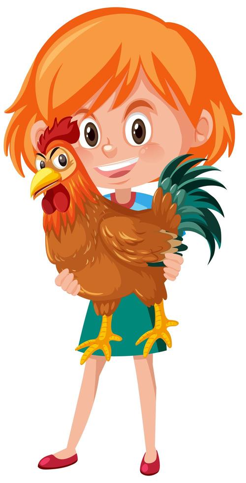 niña sosteniendo lindo gallo o personaje de dibujos animados de pollo vector