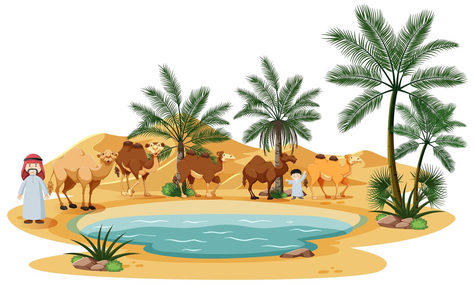 oasis en el desierto con camellos y elementos de la naturaleza. vector