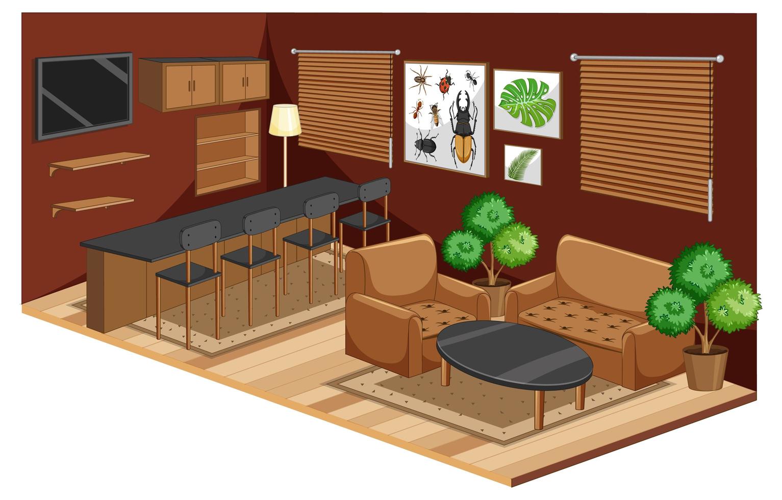 Interior de la sala de estar con muebles de estilo color marrón. vector