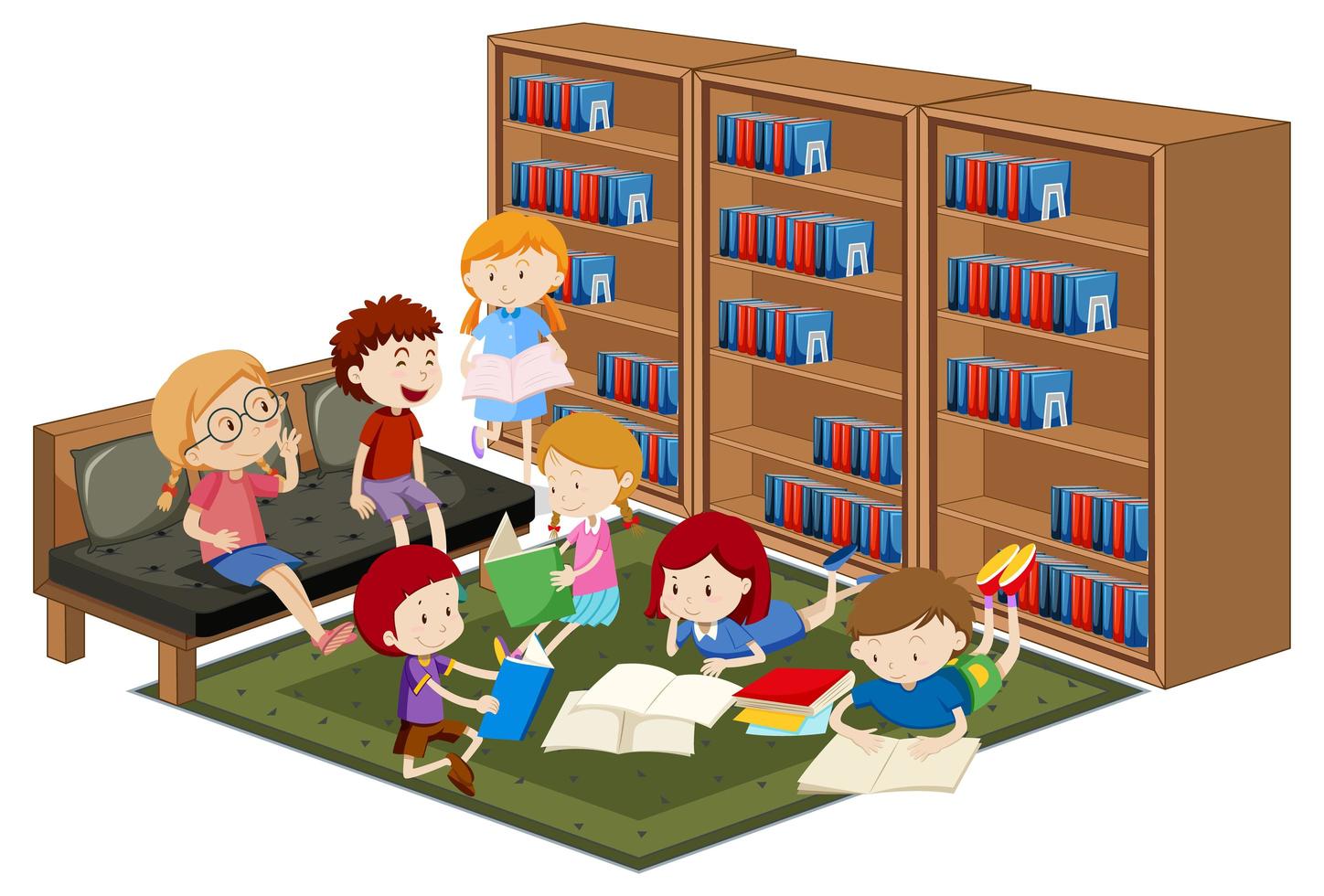 niños leyendo libros en la biblioteca vector