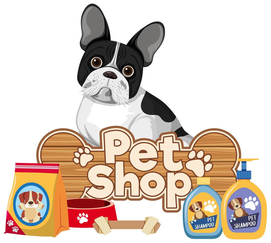 banner de texto de tienda de mascotas con lindo perro vector