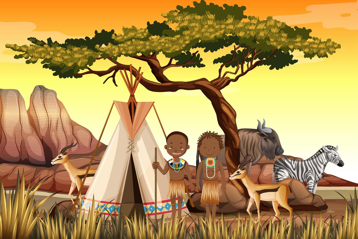 gente de tribus africanas en ropa tradicional escena de la naturaleza vector