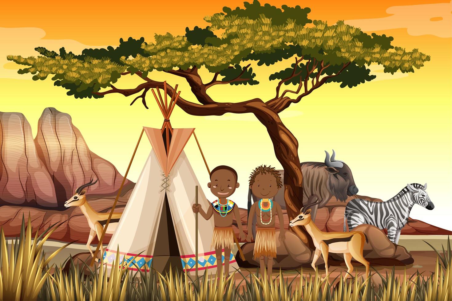 People of African tribes in traditional clothing nature scene vector