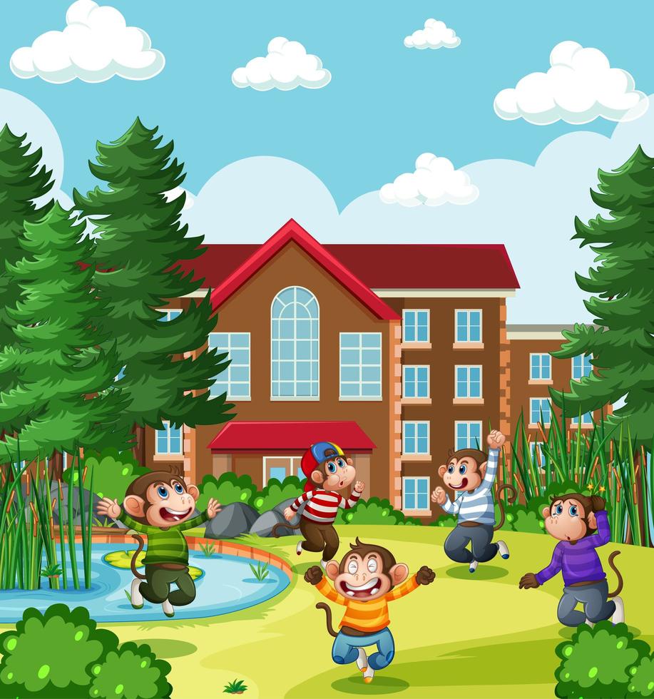 Five little monkeys jumping in the park playground scene vector