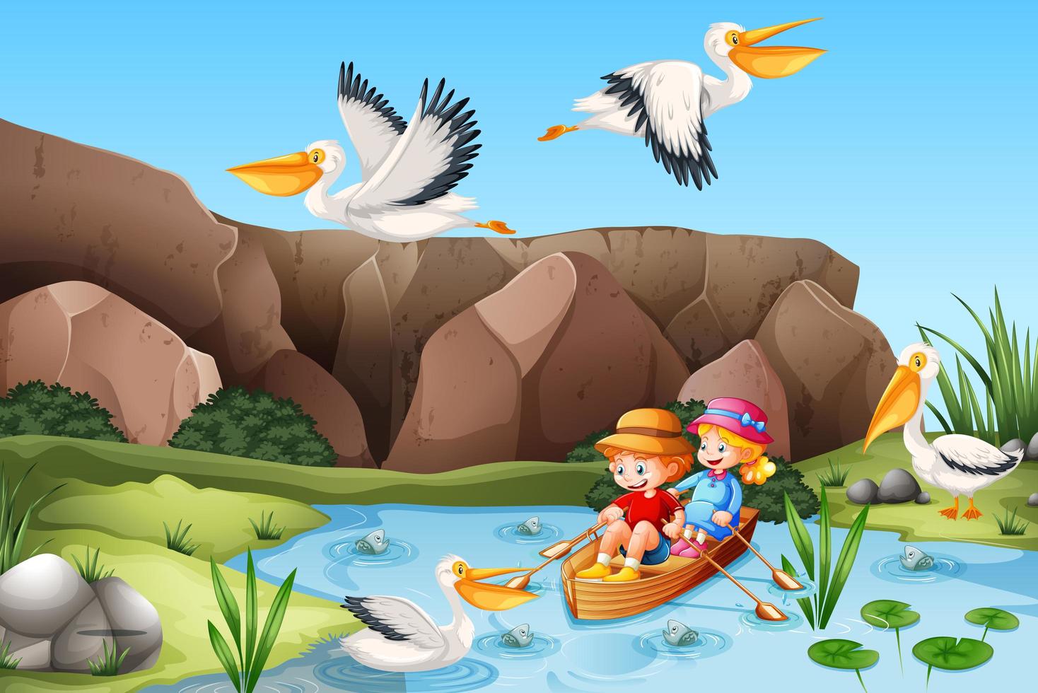 Children row the boat in the stream forest scene vector