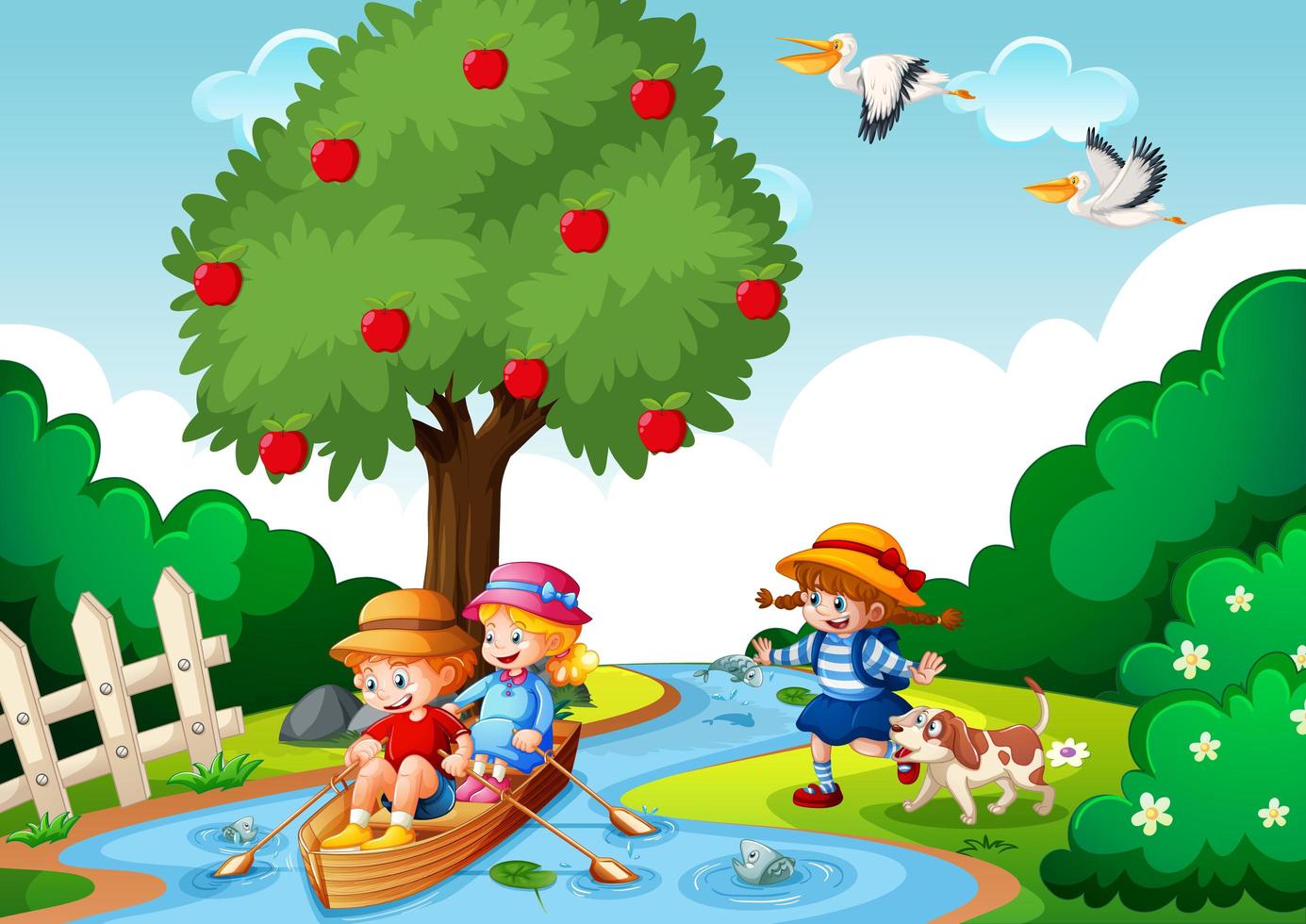 Children row the boat in the stream forest scene vector