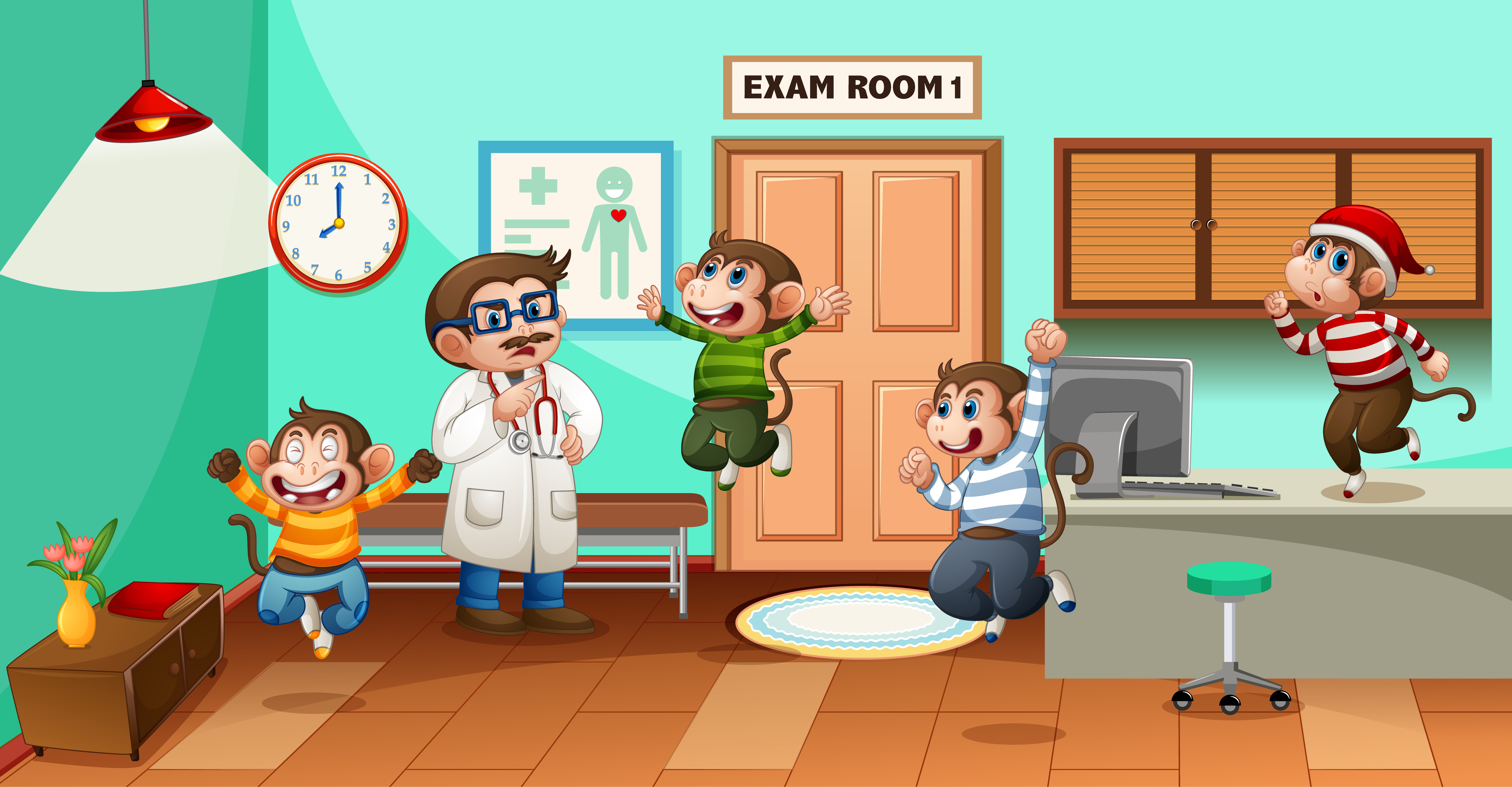 Five little monkeys jumping in the hospital with doctor 1522248 Vector Art  at Vecteezy
