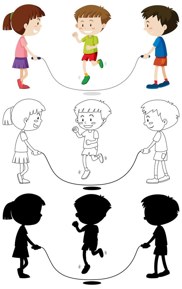 Three kids playing jump rope in color, outline, silhouette vector