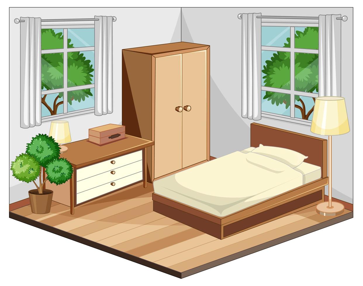 Interior de dormitorio con muebles en tema beige. vector