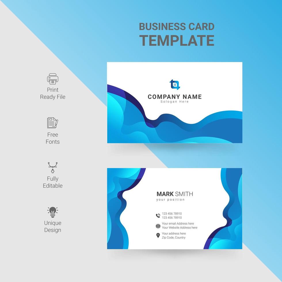 White business card with gradient blue waves design vector