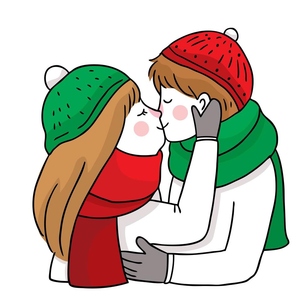 Hand drawn Christmas couple kiss and hug vector