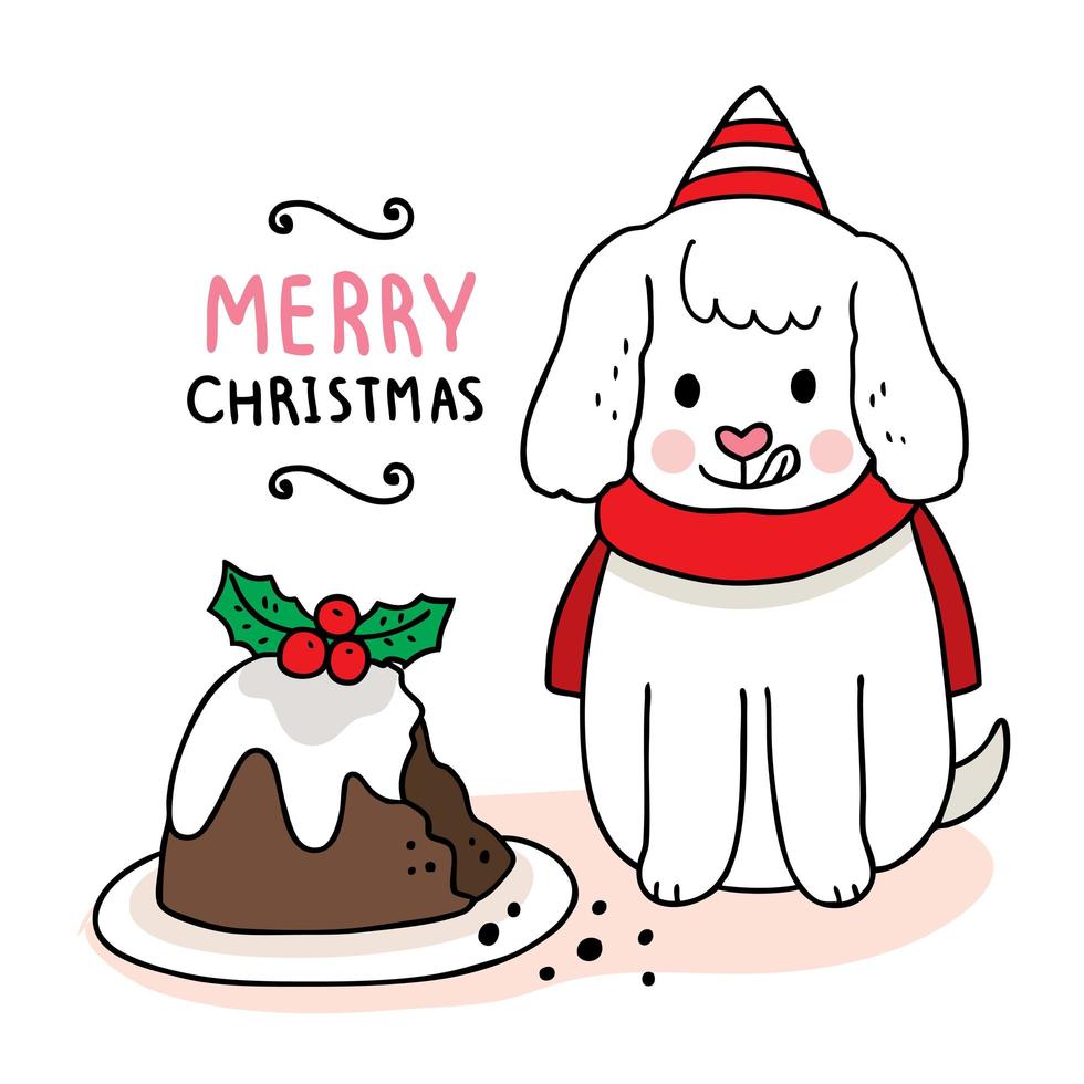 Hand drawn Christmas dog eating cake vector