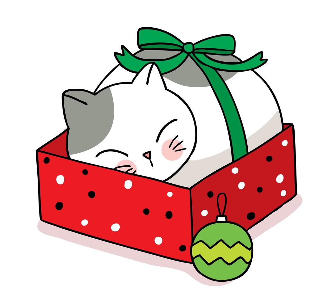 gato dibujado a mano durmiendo en caja de regalo de navidad vector