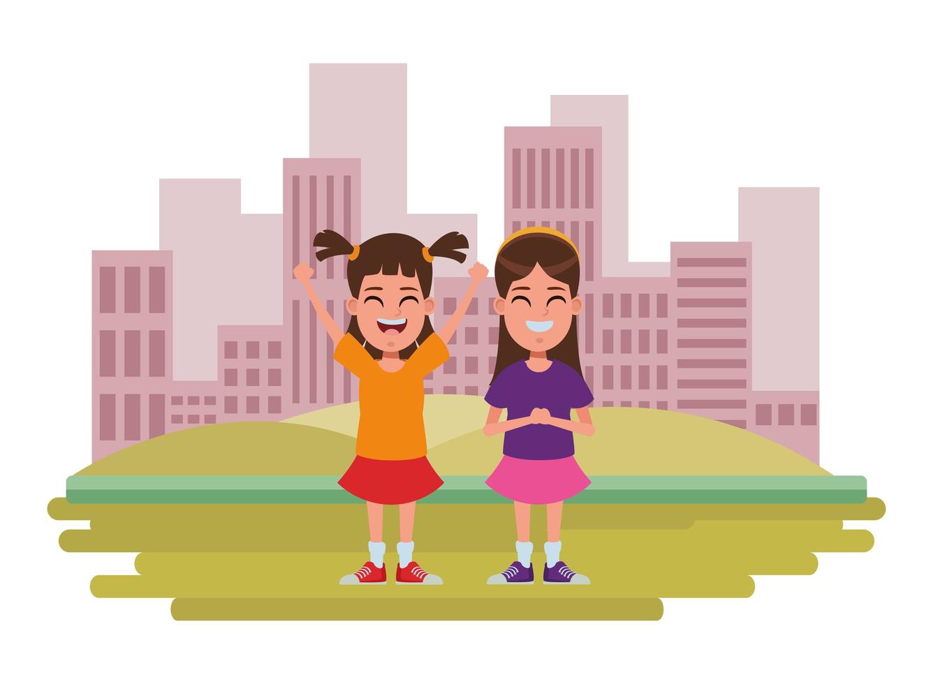 Children cartoon characters in city scene vector