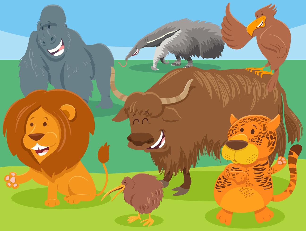 Funny cartoon wild animal characters group vector