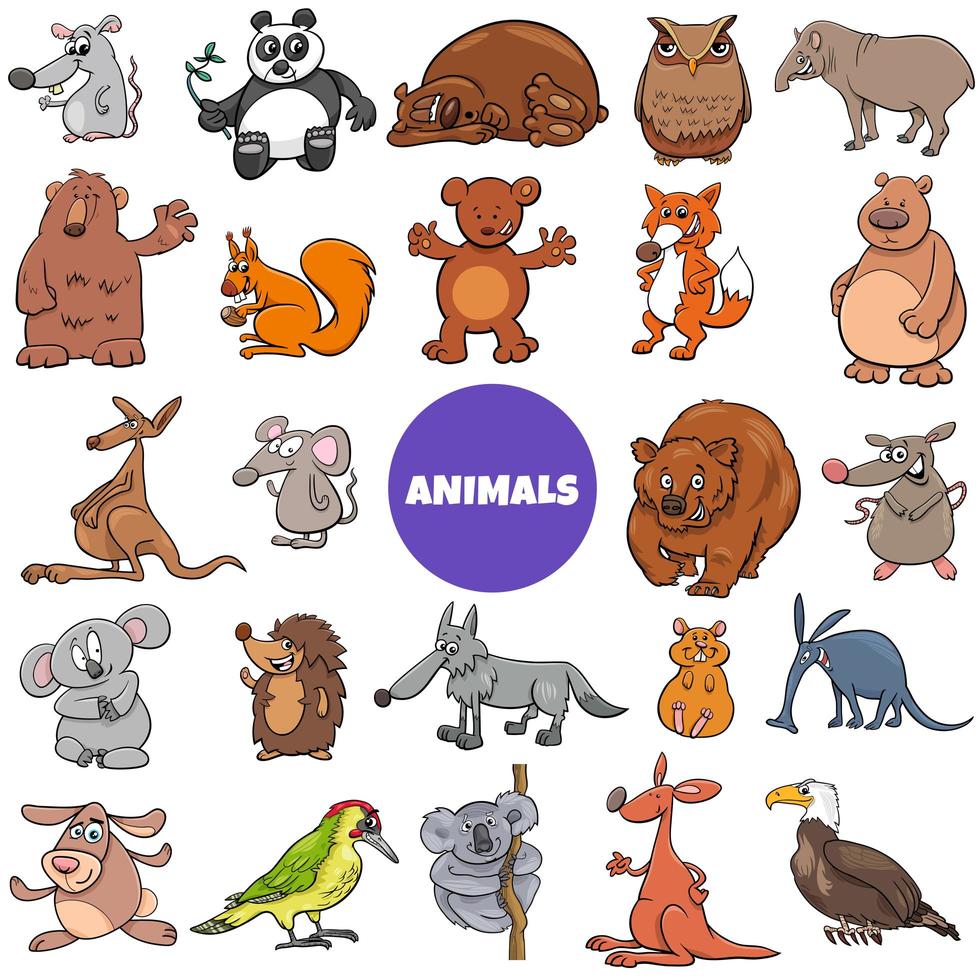 Comic wild animal characters large set vector