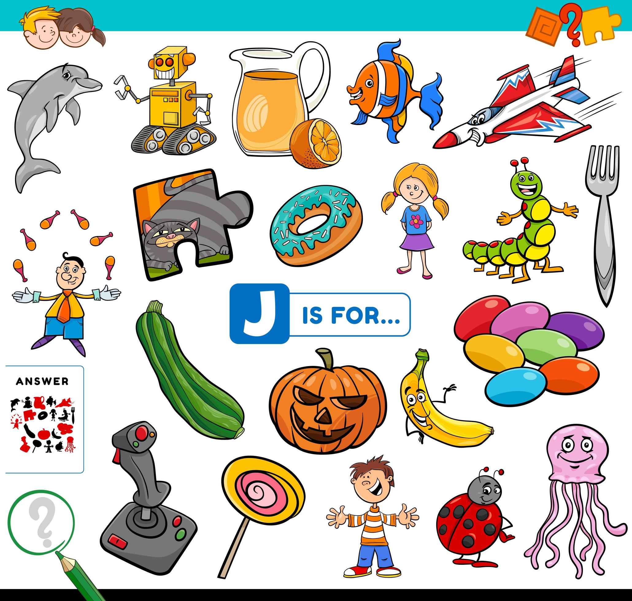 Letter J words educational task for children 1526031 Vector Art at Vecteezy