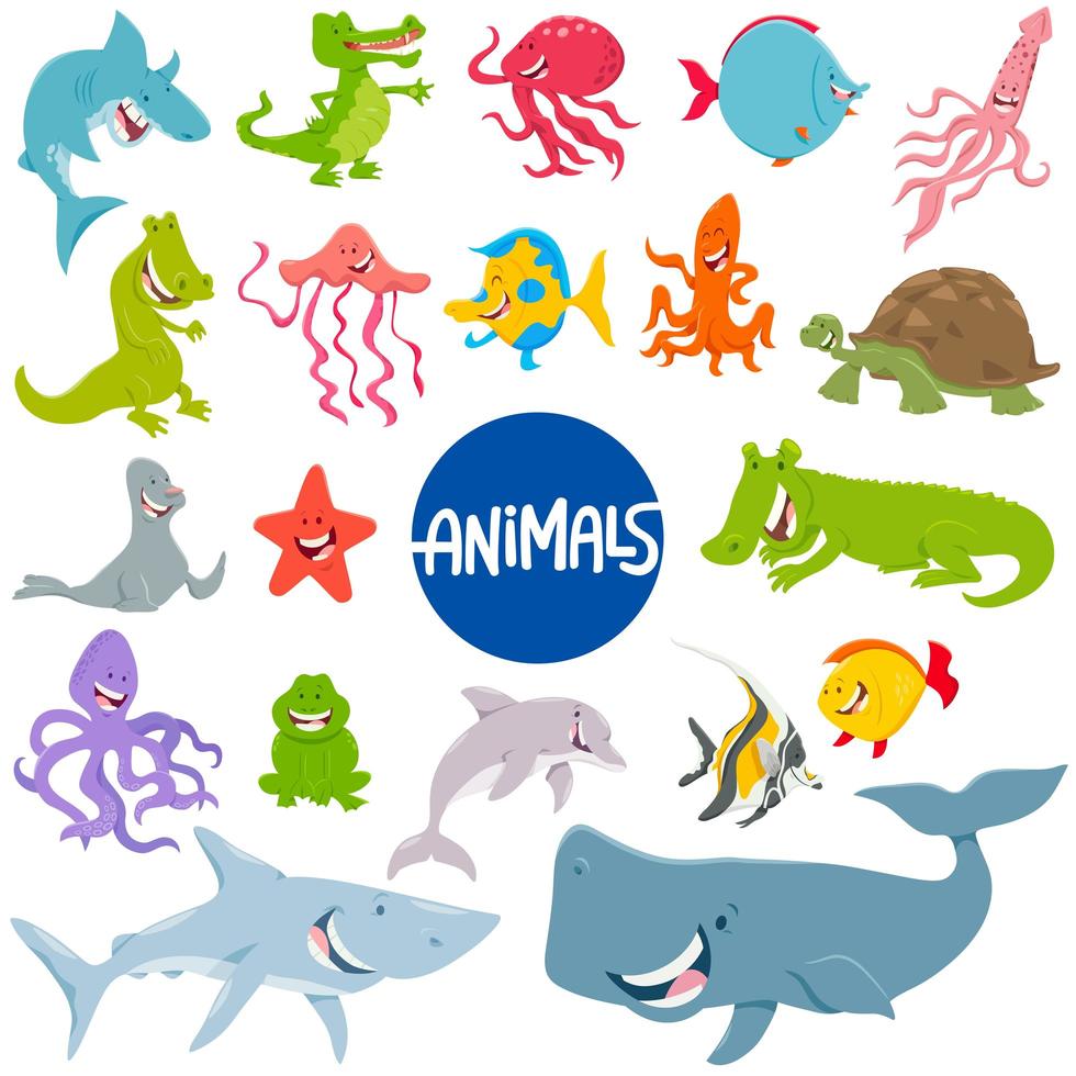 Cartoon marine animal characters set vector