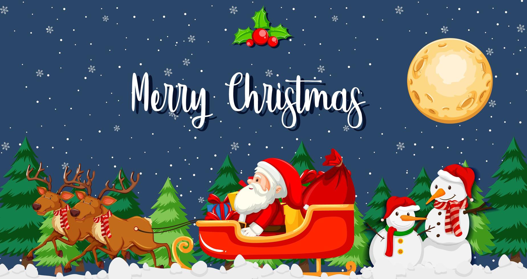 Santa Claus on sleigh with reindeer night scene vector