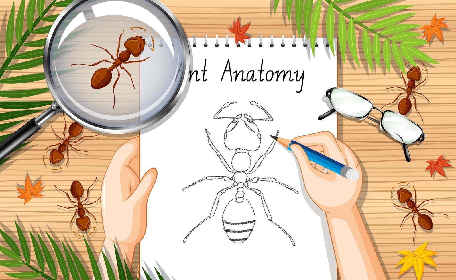 Top view work table with ants and ant drawing vector