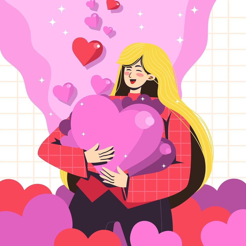 Lovely Girl Hugging a Lot of Hearts vector