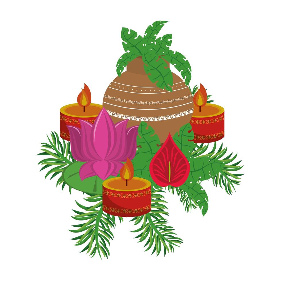 Indian lotus flowers and decorative porcelain jars with leaves vector