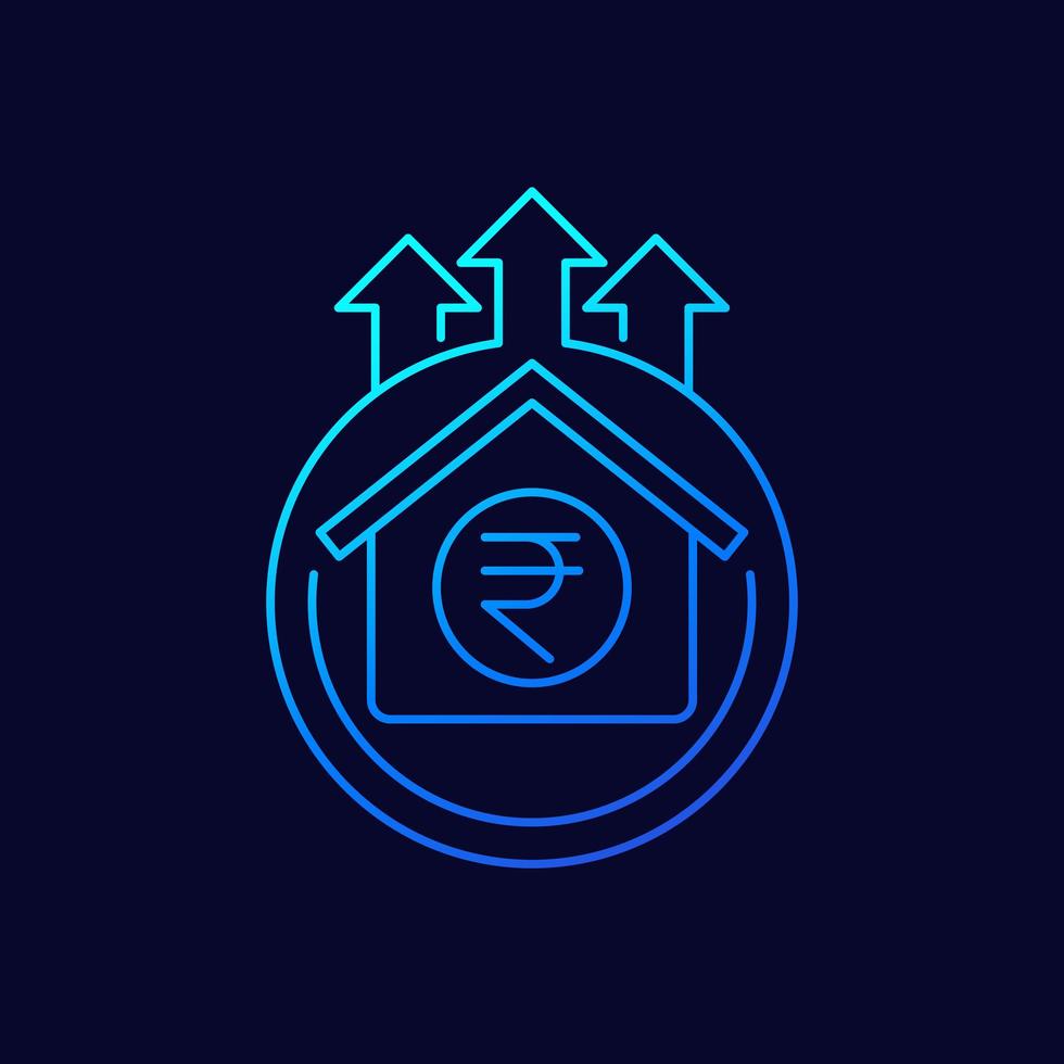 precio de la vivienda creciente icono de línea con rupia india vector