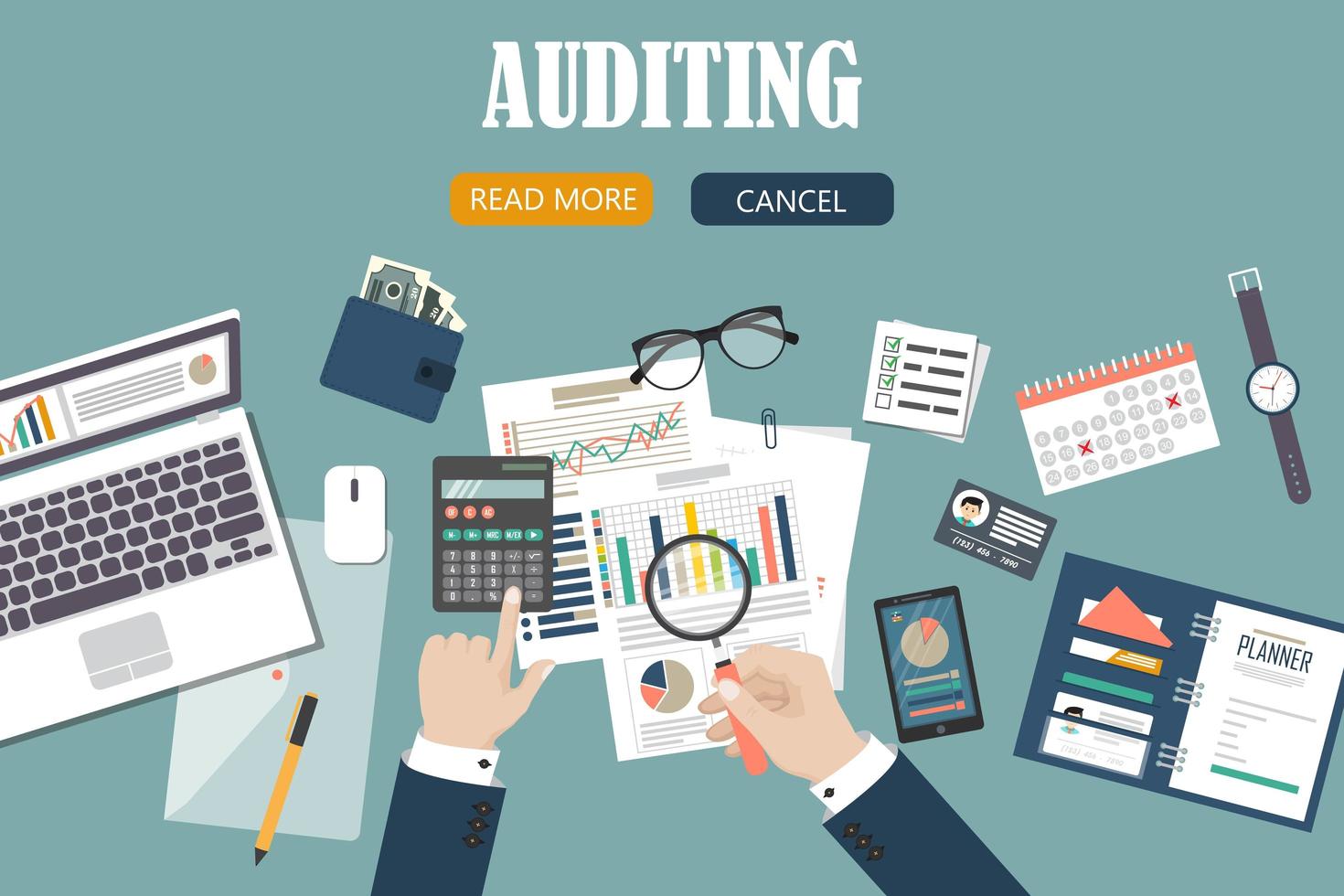 Auditing concept background with office objects vector