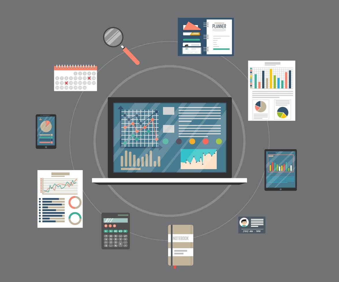 Fondo de concepto de auditoría con objetos de oficina vector