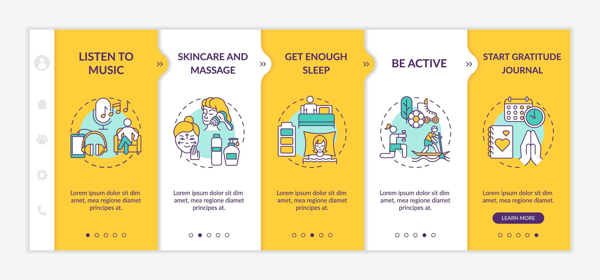 Self care practices onboarding template vector