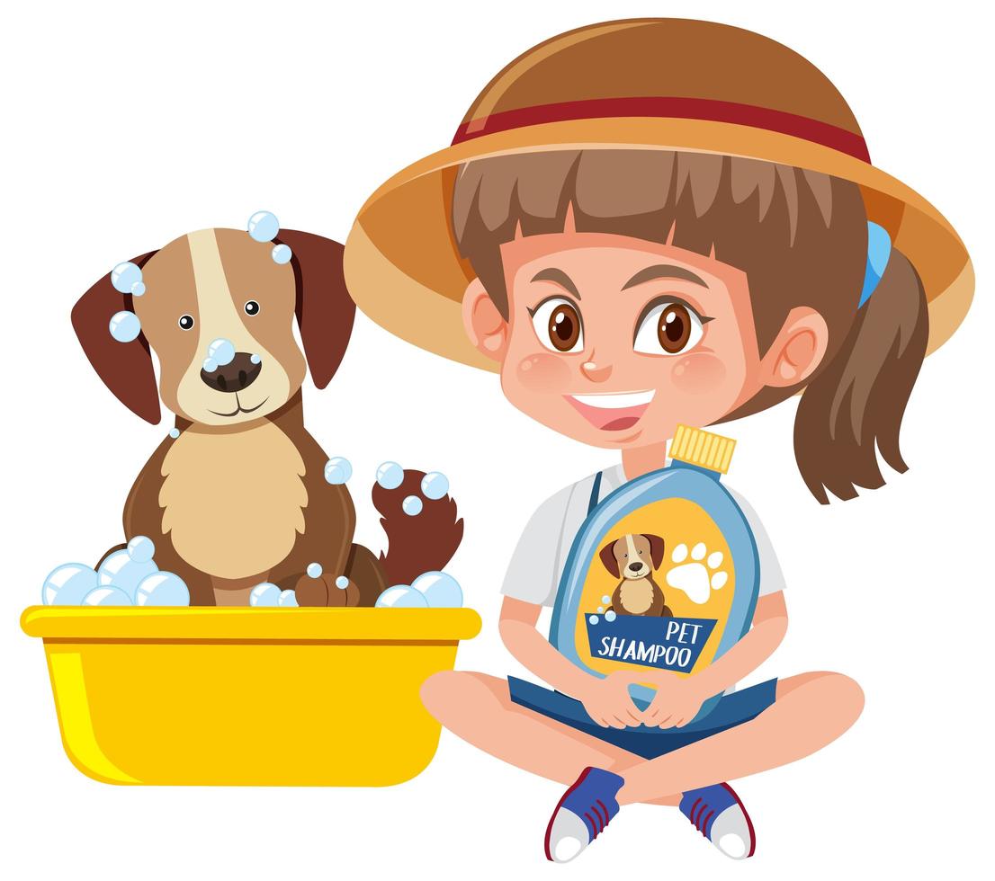 Girl holding dog shampoo product with cute dog on white background vector