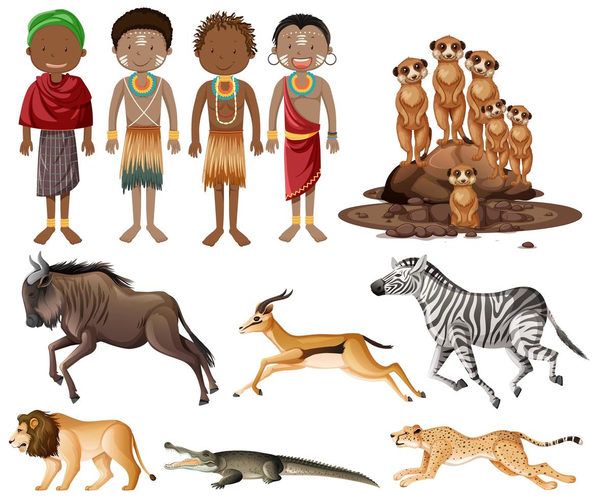 Conjunto de personas de tribus africanas y animales salvajes. vector