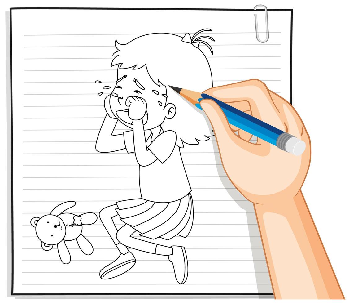 escritura a mano de niña llorando contorno vector