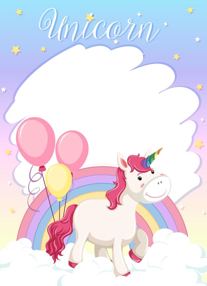 Banner en blanco con lindo unicornio parado en la nube vector