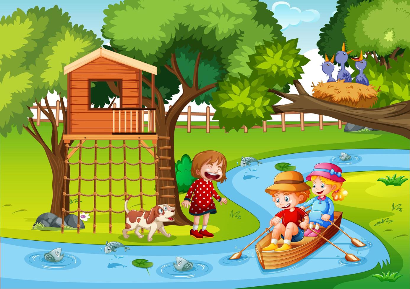 Children row the boat in the stream forest scene vector