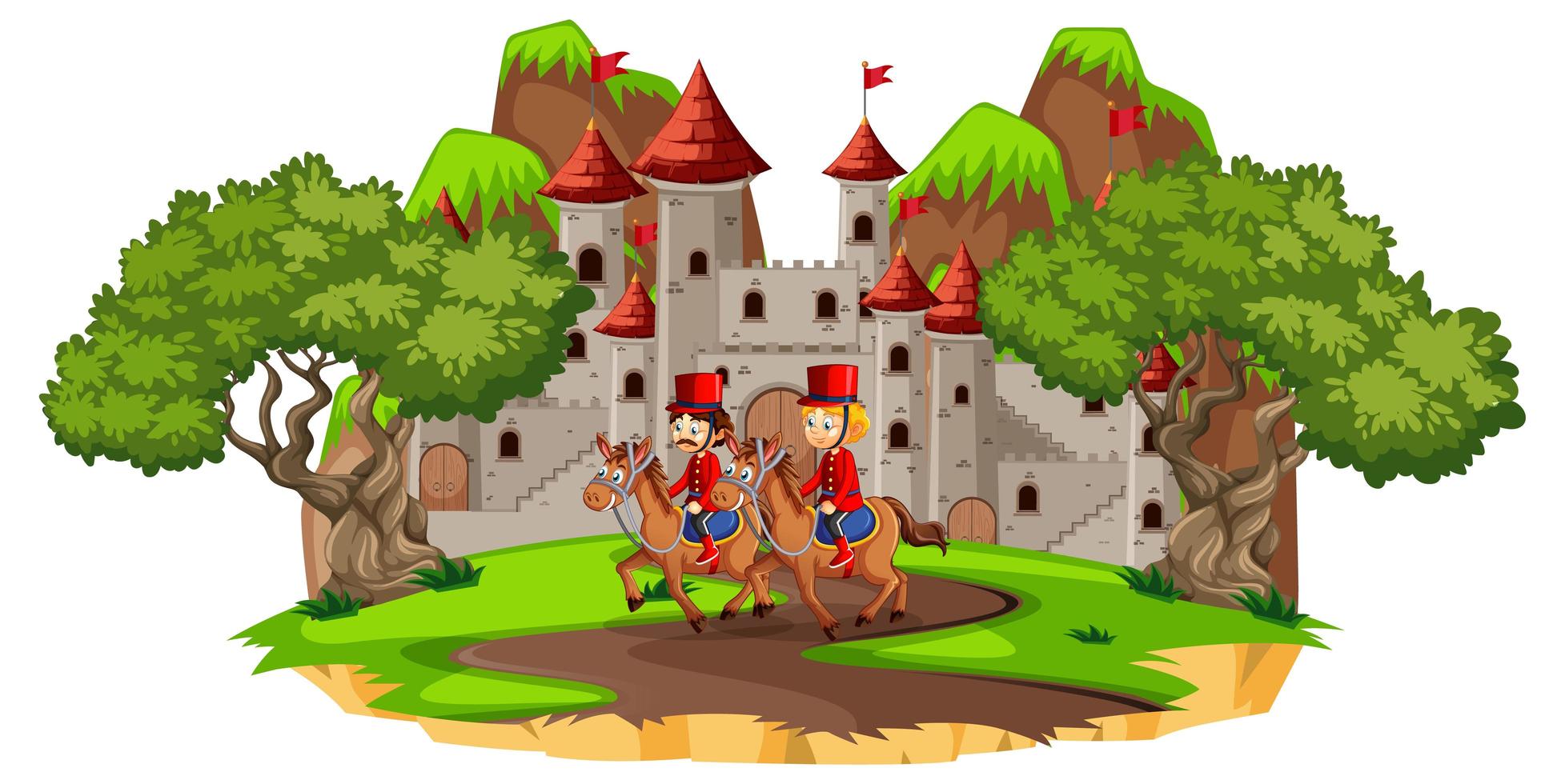 Fairytale scene with castle and soldier royal guard on white background vector