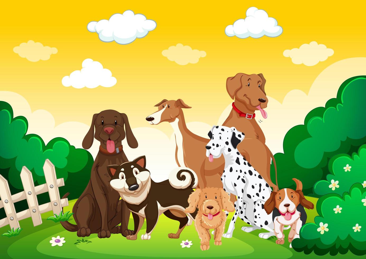 Dog group in the garden scene vector