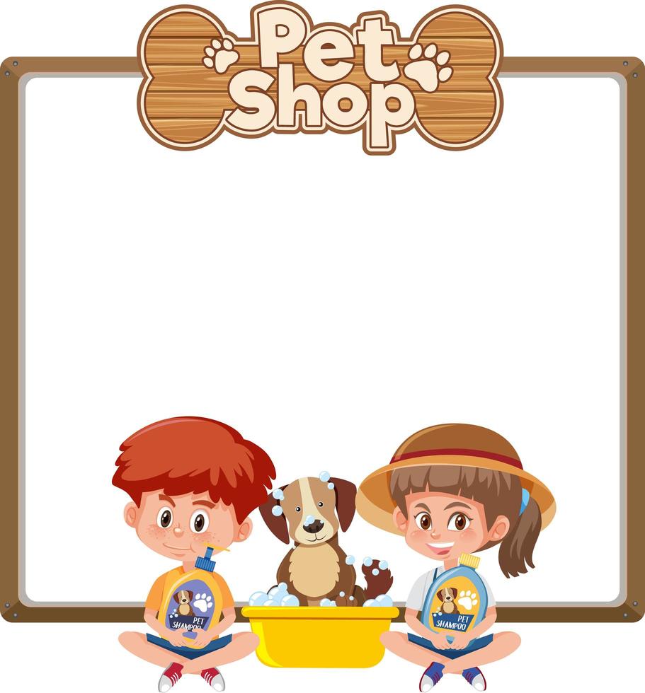 pancartas en blanco con niño y lindo perro y logotipo de tienda de mascotas aislado sobre fondo blanco vector