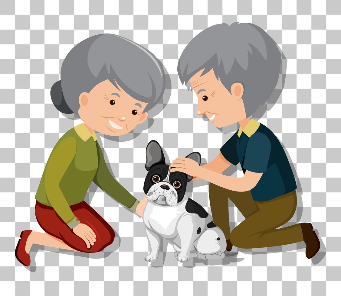 Pareja de ancianos con sus perros de compañía aislados sobre fondo transparente vector