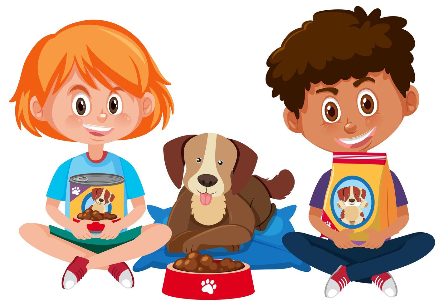 Boy and girl holding dog food with cute dog on white background vector