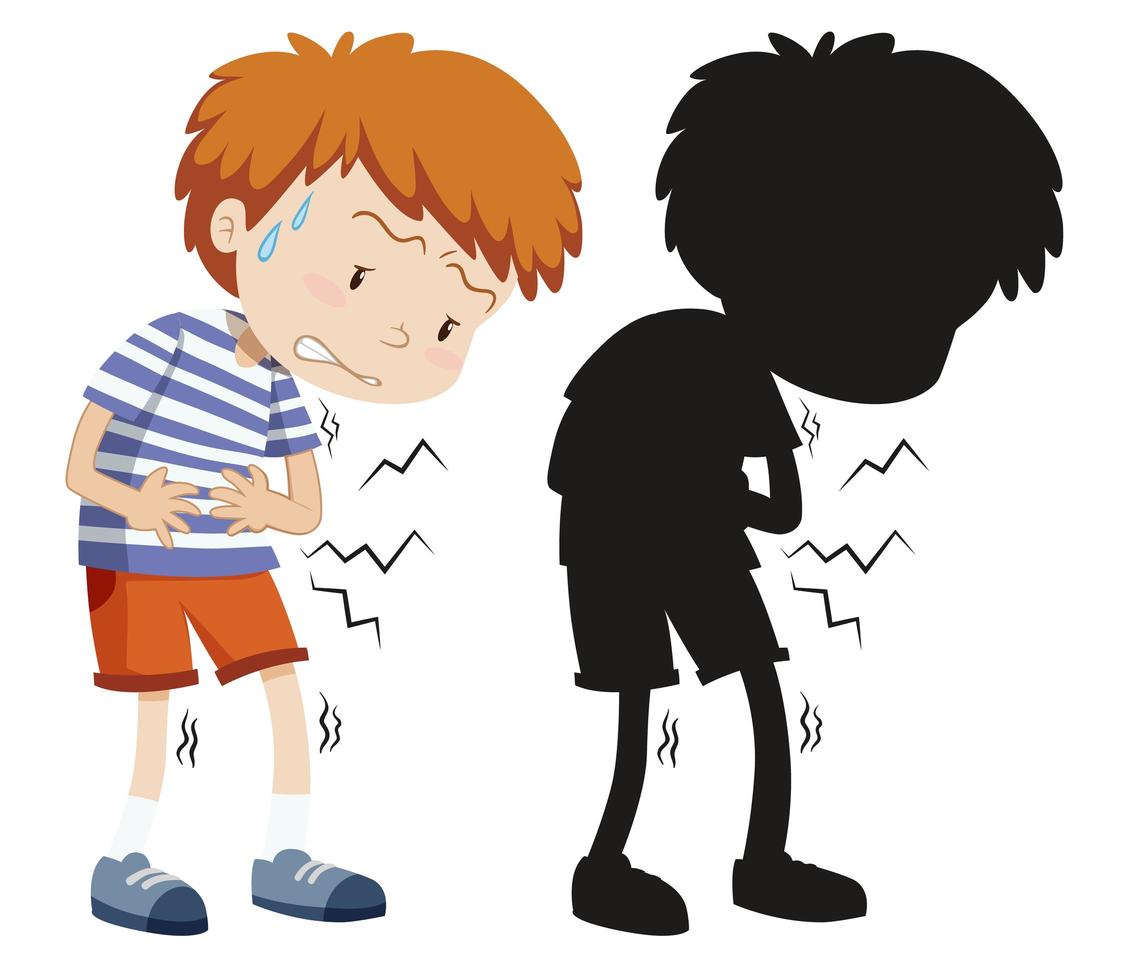 Boy with stomach ache in colour and silhouette vector