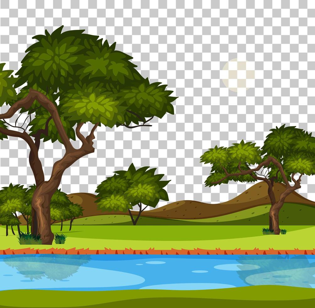 Escena del parque natural en blanco con río sobre fondo transparente vector