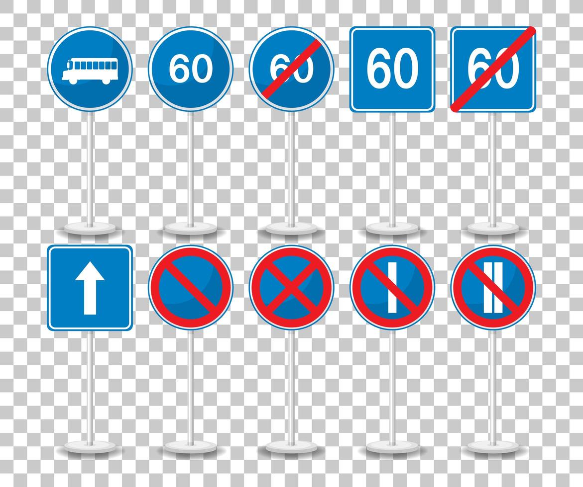 Conjunto de señales de tráfico azul con soporte aislado sobre fondo transparente vector