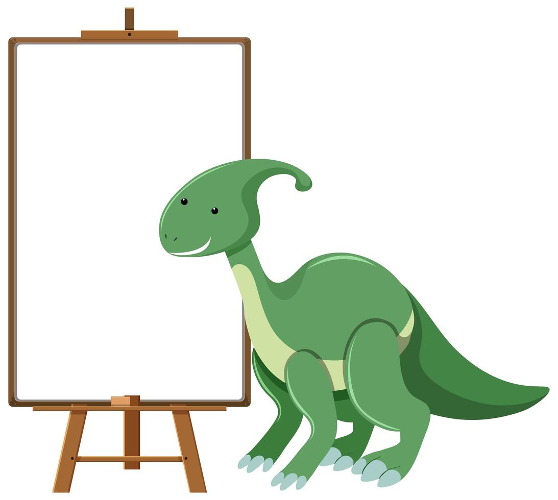 Lindo dinosaurio verde con pancarta en blanco aislado sobre fondo blanco. vector