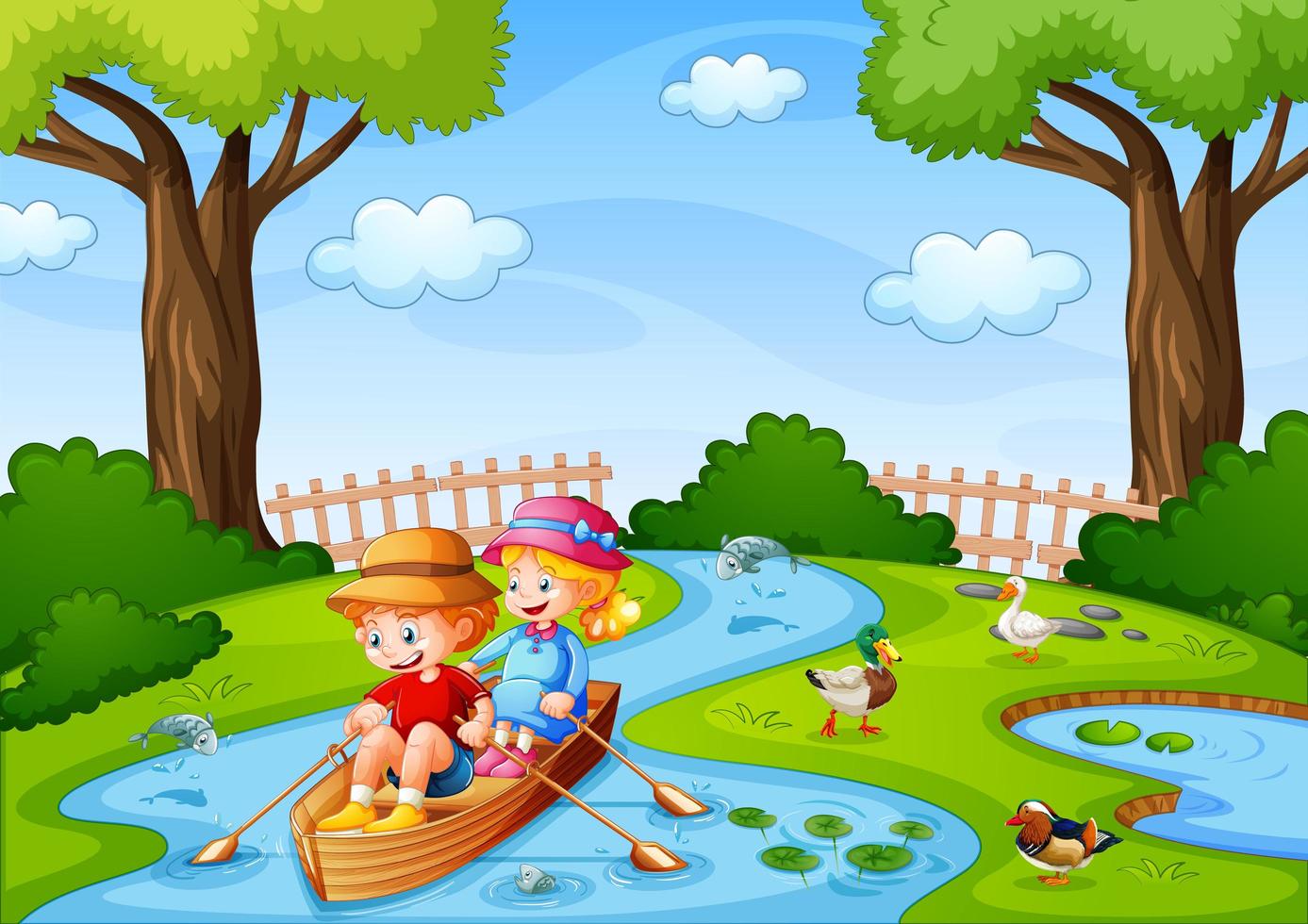 Two kids row the boat in the stream with their pet ducks vector