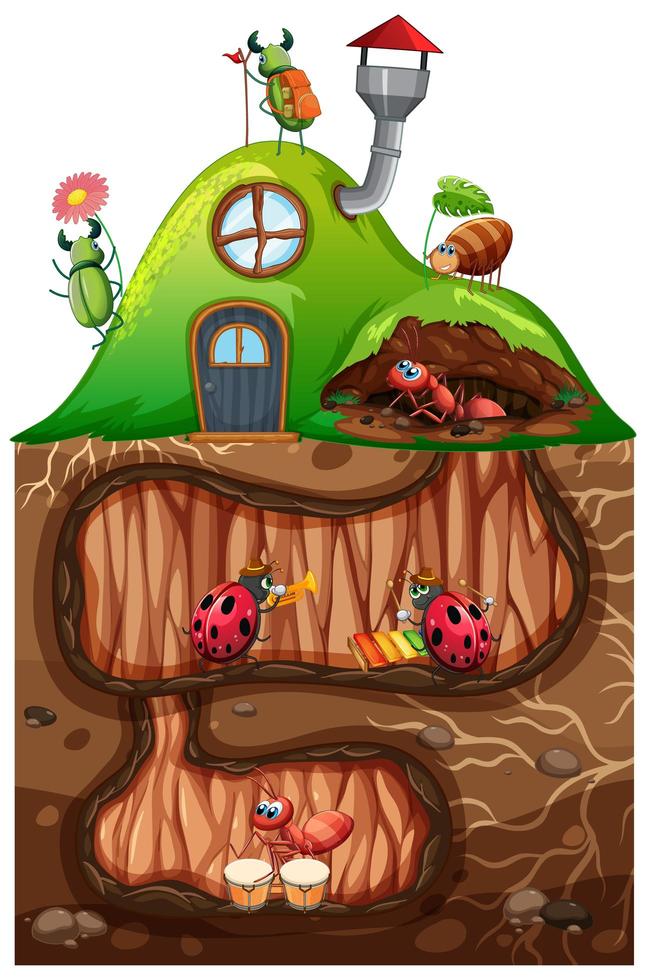 Scene with insects in the underground hole vector