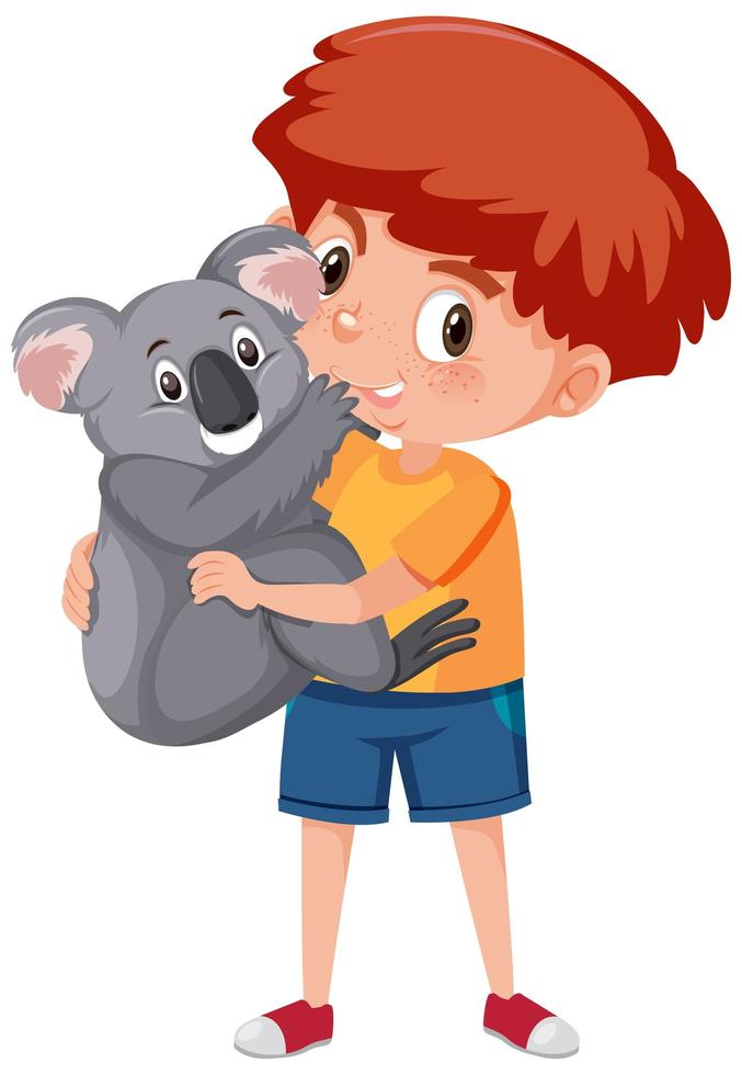 Boy holding cute animal cartoon character isolated on white background vector