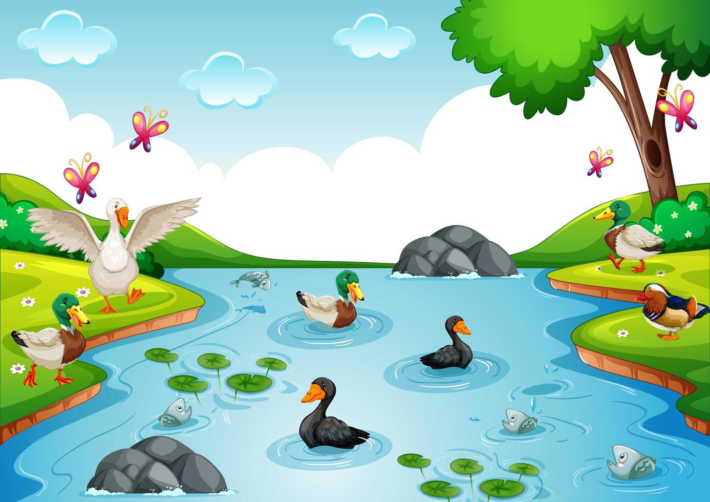 Poultry group in the river in nature scene vector
