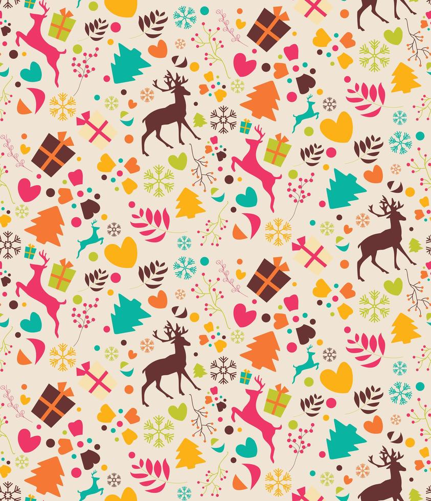 Seamless pattern with Christmas trees, reindeers, gift boxes vector