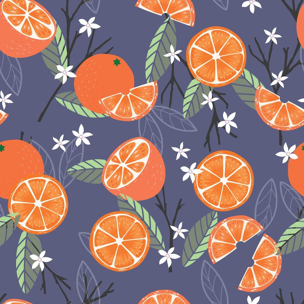 Fruit seamless pattern, oranges with branches and leaves vector